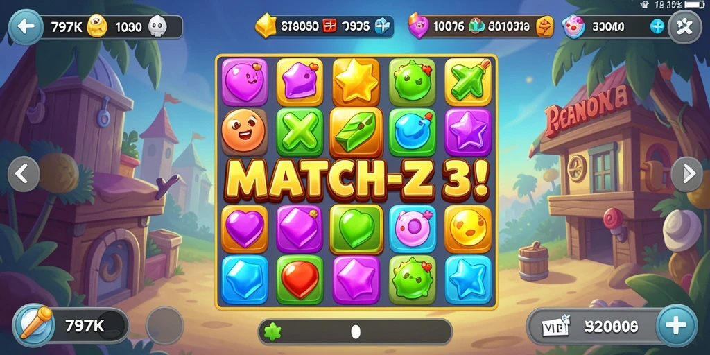 Screenshot menampilkan gameplay seru Match-3 dengan warna-warna cerah.