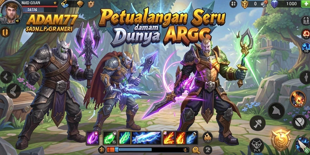 Screenshot gameplay ADAM77 menampilkan pertarungan epik di dunia fantasi.
