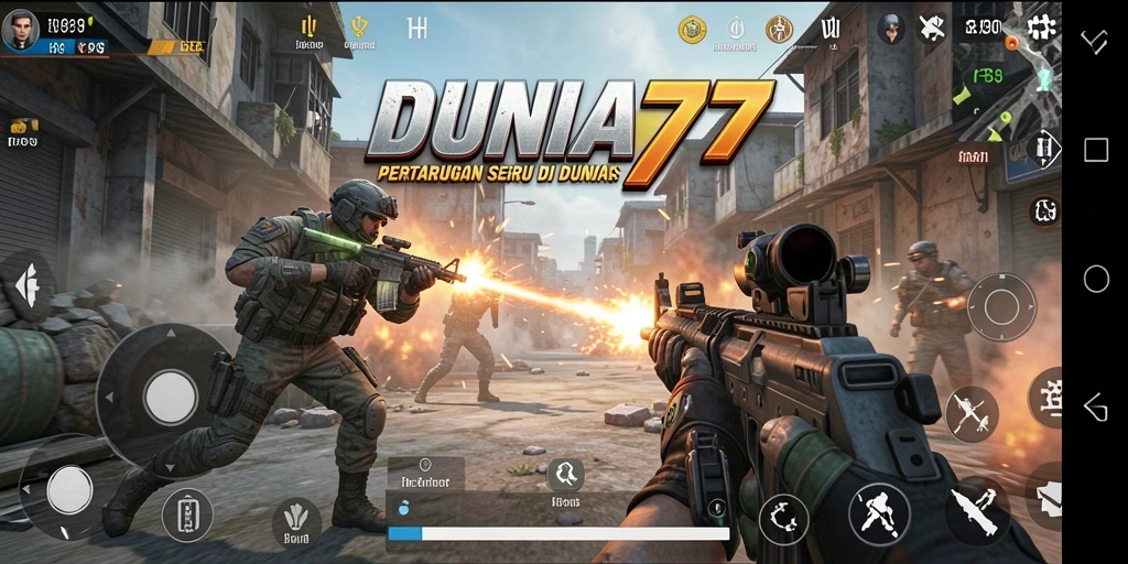 Screenshot menampilkan aksi seru gameplay DUNIA77 di pertempuran FPS.