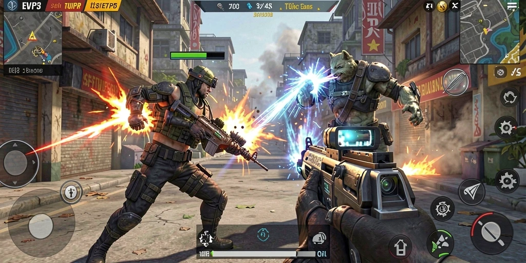 Screenshot gameplay EVIP3 dengan aksi pertempuran menarik.