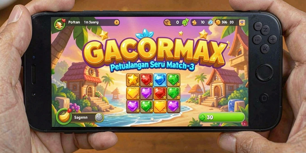 Screenshot GACORMAX menampilkan gameplay seru Match-3 yang penuh warna.