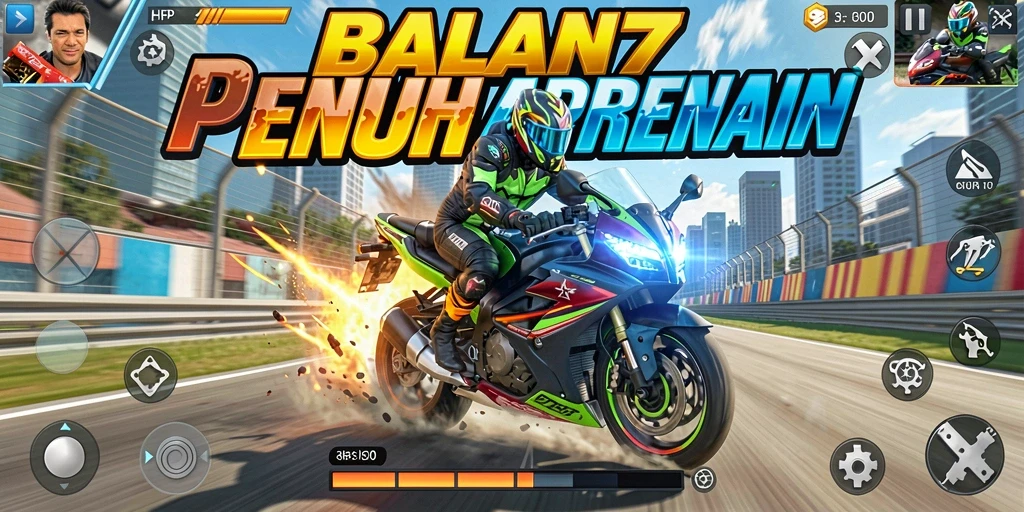 Menampilkan gameplay seru balapan motor dengan kecepatan tinggi.
