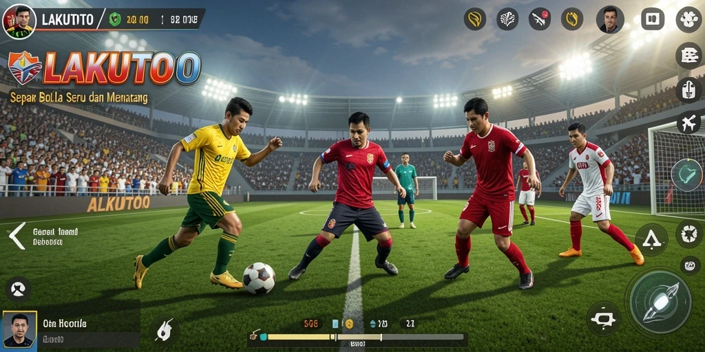 Tampilan gameplay seru di LAKUTOTO dengan aksi sepak bola yang mendebarkan.