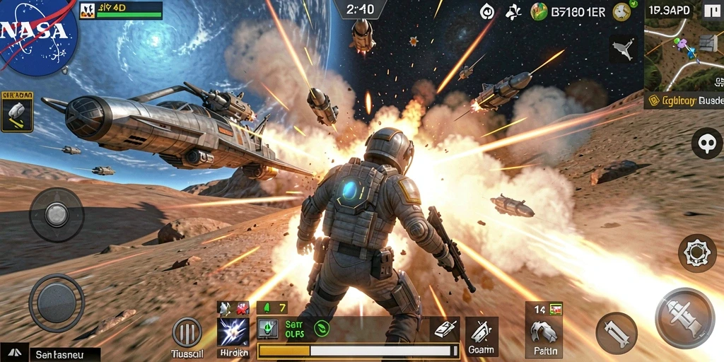 Screenshot gameplay NASA4D menampilkan aksi pertempuran luar angkasa yang intens.