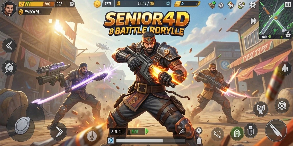 Tampilan gameplay dinamis SENIOR4D dalam pertarungan Battle Royale.